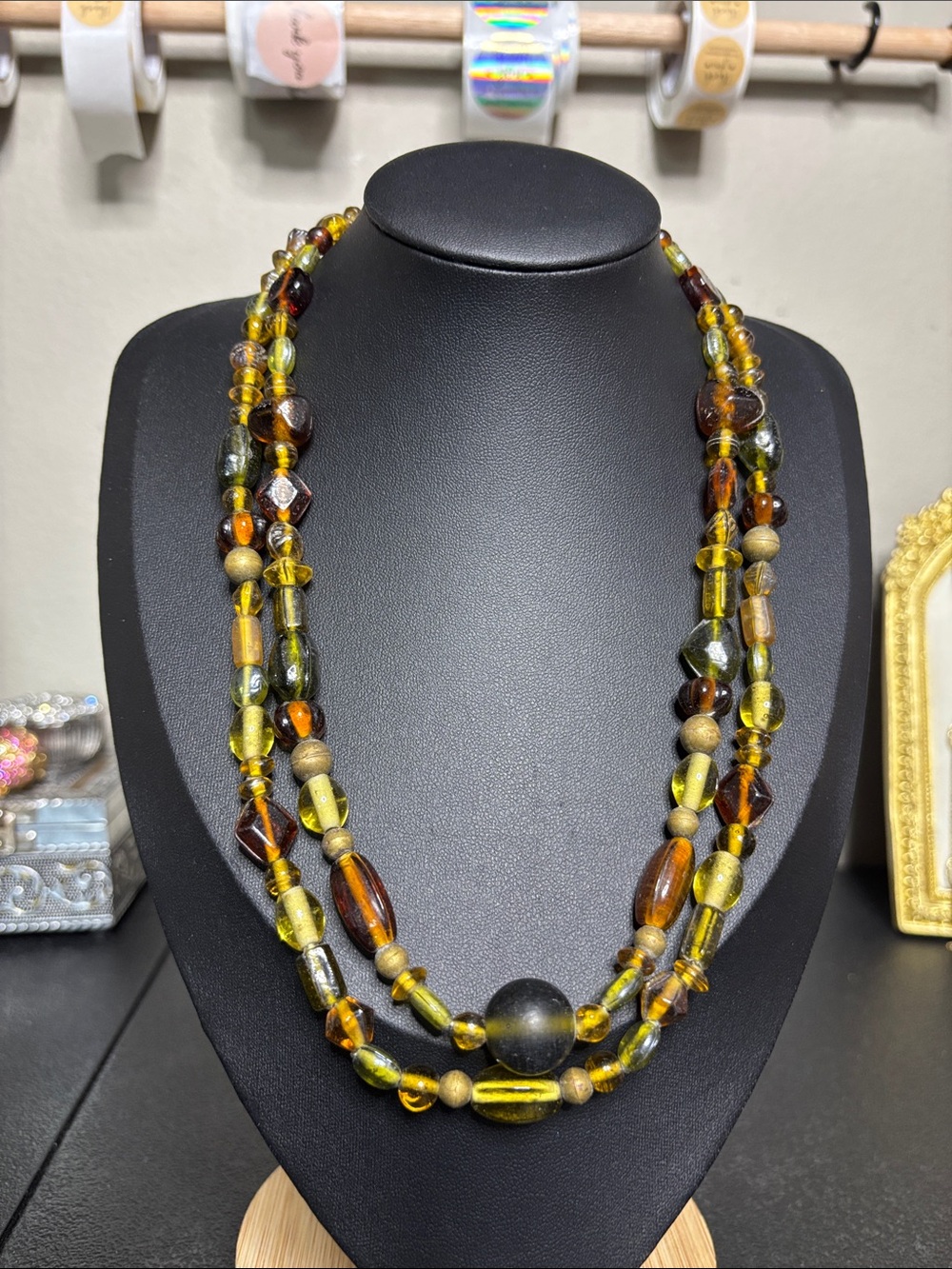 Vintage Multi-Strand Amber Olive Glass Bead Necklace Fall Statement